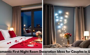 Romantic first night room decoration ideas for couples in USA displaying rose petal bed decorations, candles, and twinkling fairy lights ambiance