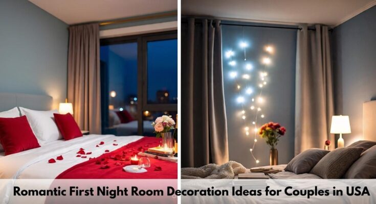Romantic first night room decoration ideas for couples in USA displaying rose petal bed decorations, candles, and twinkling fairy lights ambiance