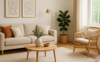 A bright, cozy living room with a beige sofa, wooden coffee table, rattan chair, large window, indoor plants, and minimal wall art creating a warm, inviting space.