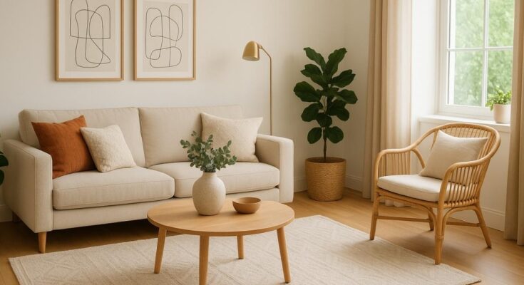 A bright, cozy living room with a beige sofa, wooden coffee table, rattan chair, large window, indoor plants, and minimal wall art creating a warm, inviting space.